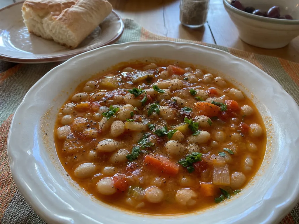 Fasolada (Greek White Bean Soup) — plated and served