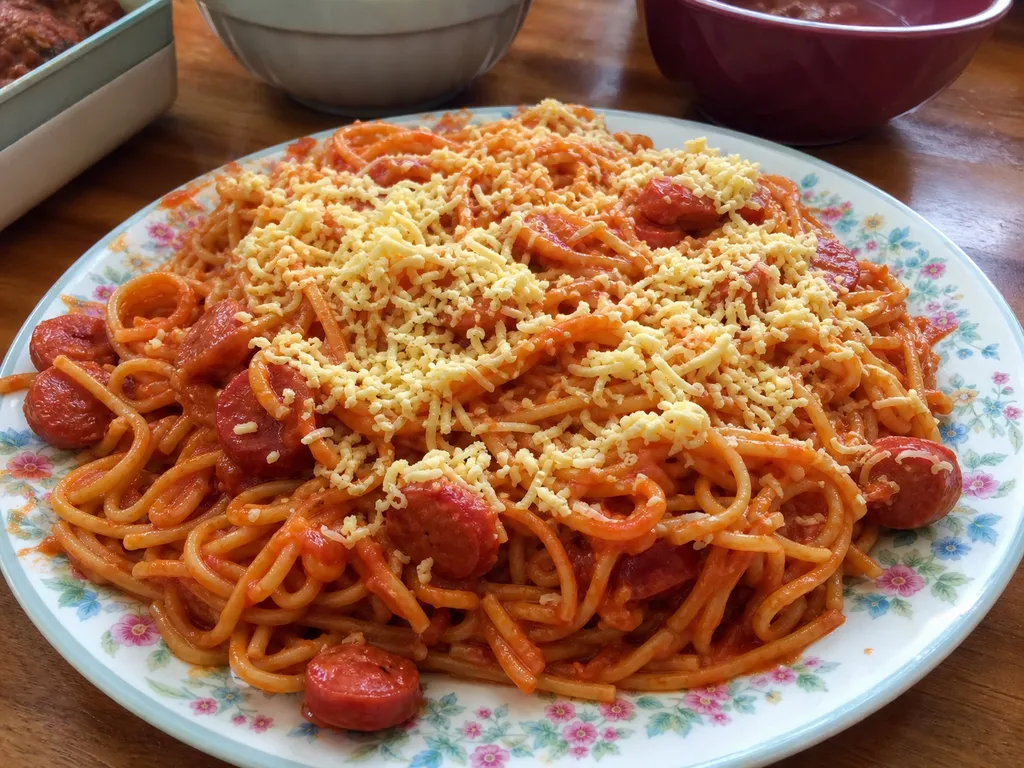 Filipino Spaghetti — plated and served
