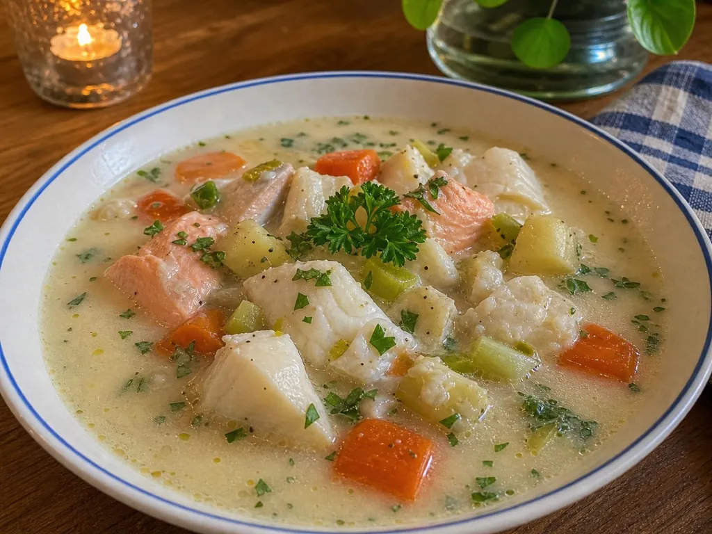 Fiskesuppe — plated and served