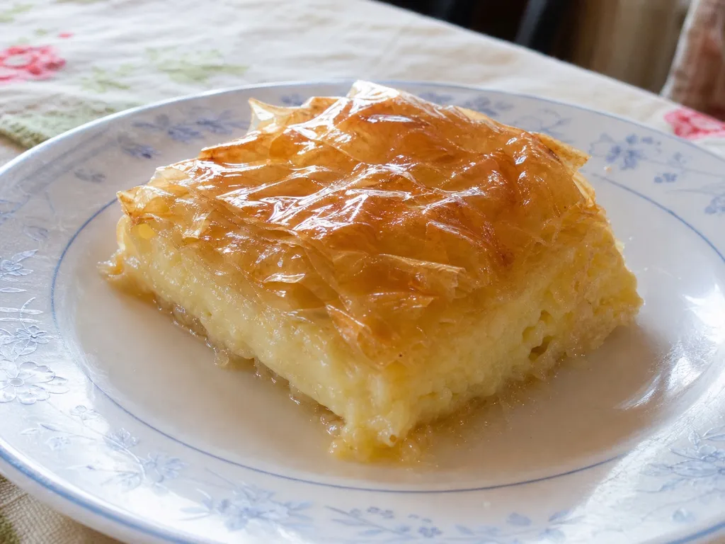 Galaktoboureko (Custard-Filled Phyllo Pastry) — plated and served