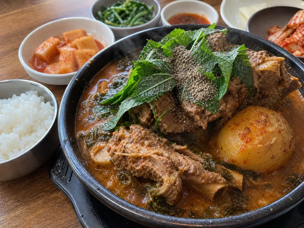 Gamjatang (Pork Bone Stew) — plated and served