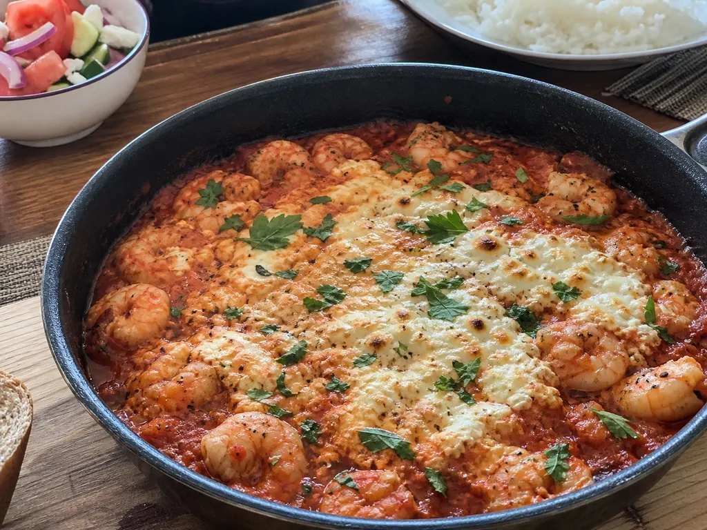 Garides Saganaki (Shrimp Baked in Tomato Sauce with Feta) — plated and served