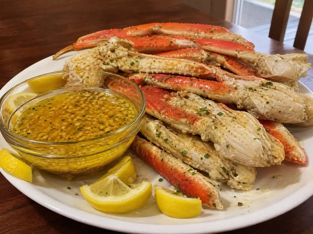 Garlic Butter Baked Crab Legs — plated and served