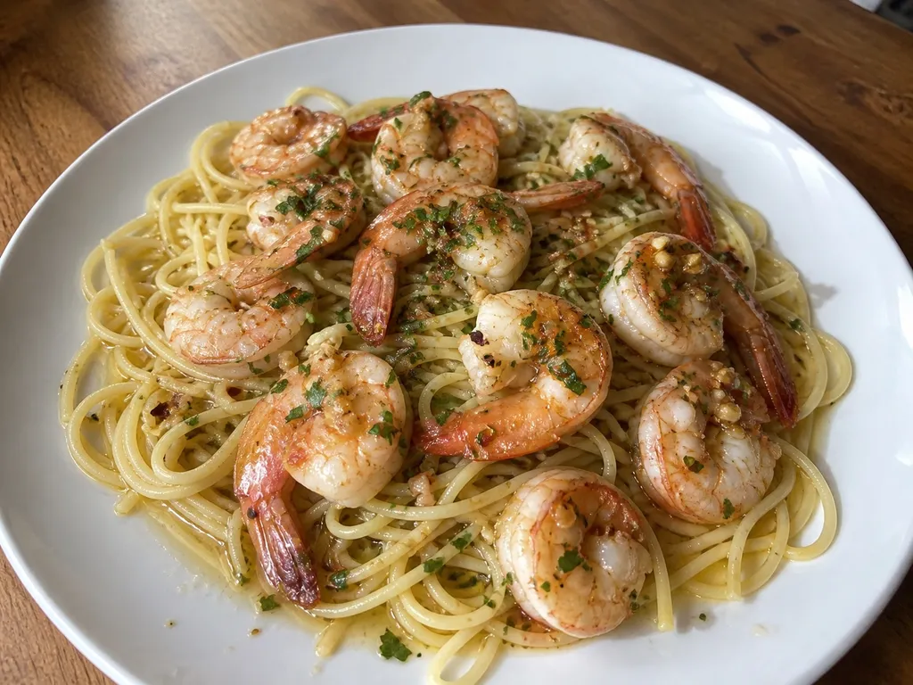 Garlic Butter Shrimp Scampi — plated and served