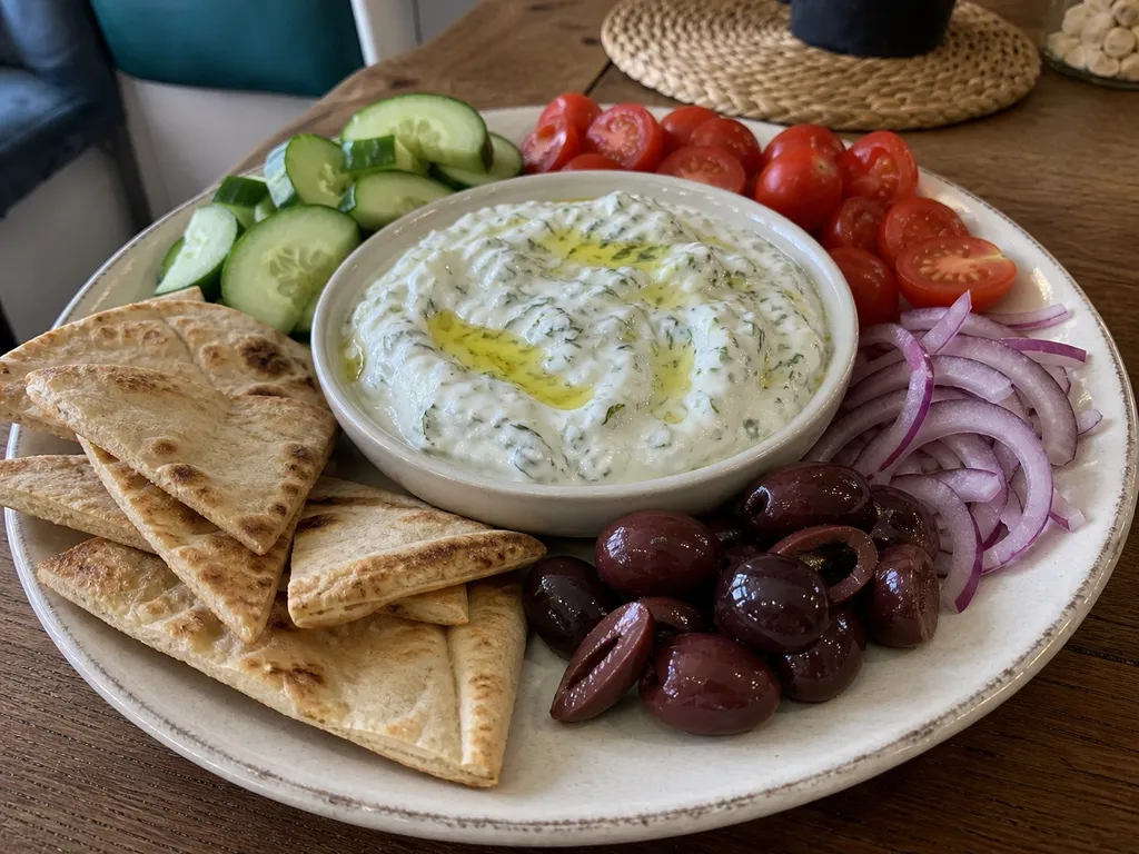 Garlic Greek Sauce (Tzatziki) — plated and served