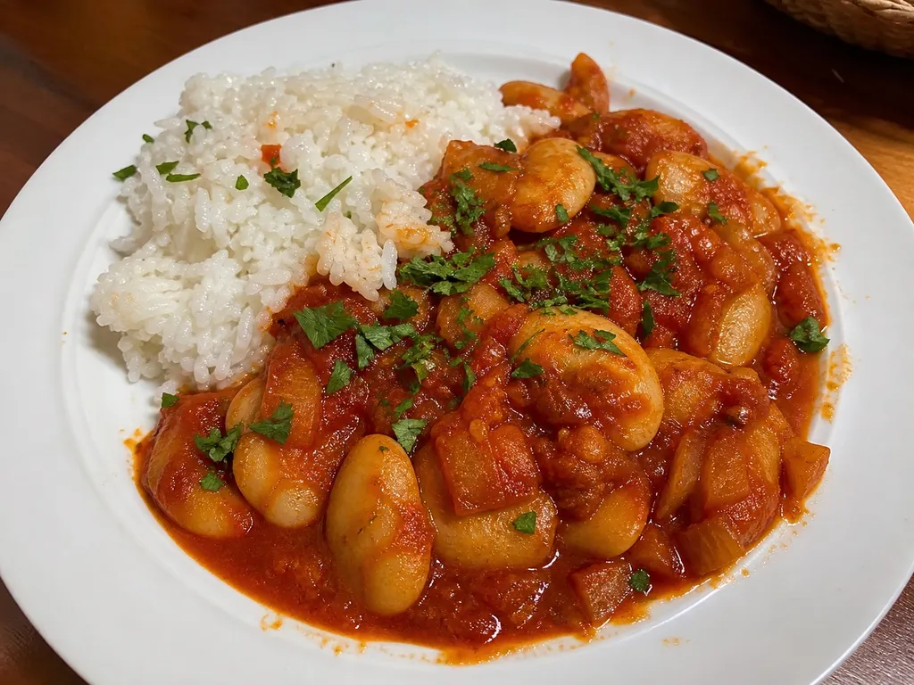Gigantes Plaki (Baked Giant Beans in Tomato Sauce) — plated and served