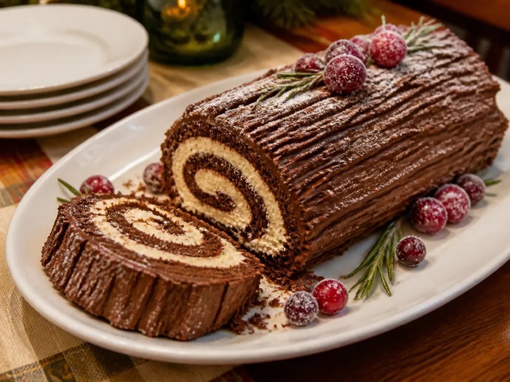 Gingerbread Yule Log — plated and served