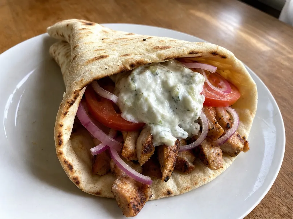 Greek Gyro Pita Wrap — plated and served