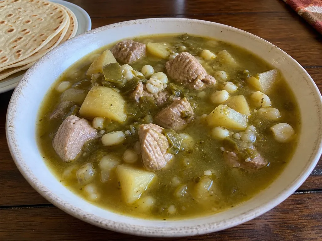 Green Chile Stew — plated and served