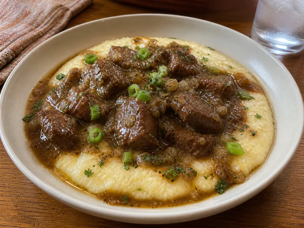 Grillades and Grits — plated and served