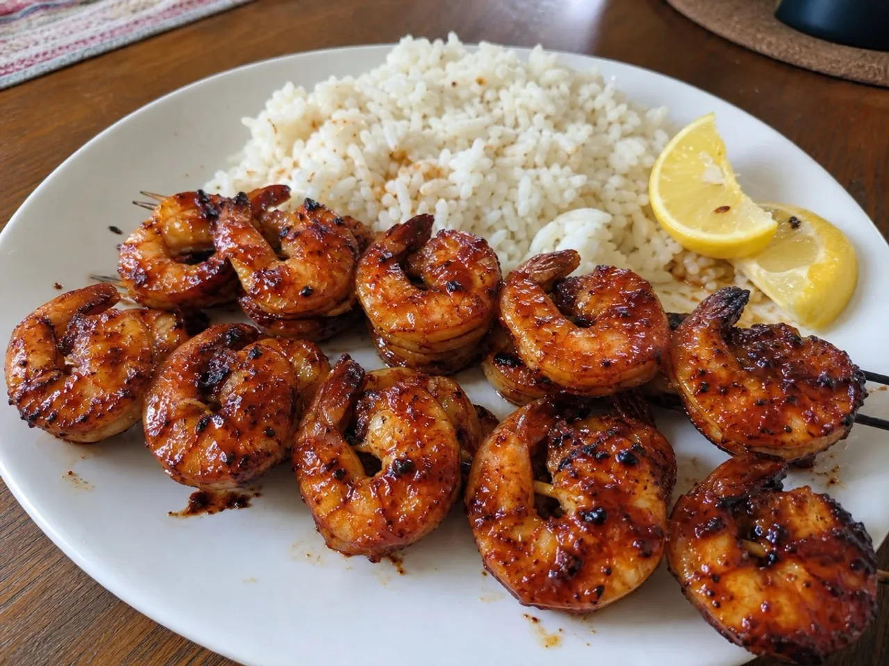 Grilled BBQ Shrimp Skewers — served