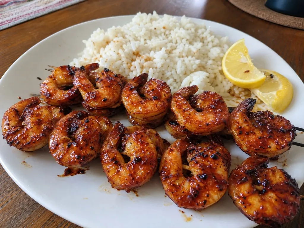 Grilled BBQ Shrimp Skewers — plated and served