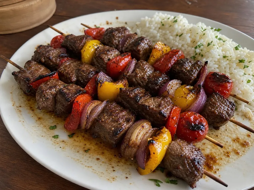 Grilled Beef Kebabs — plated and served