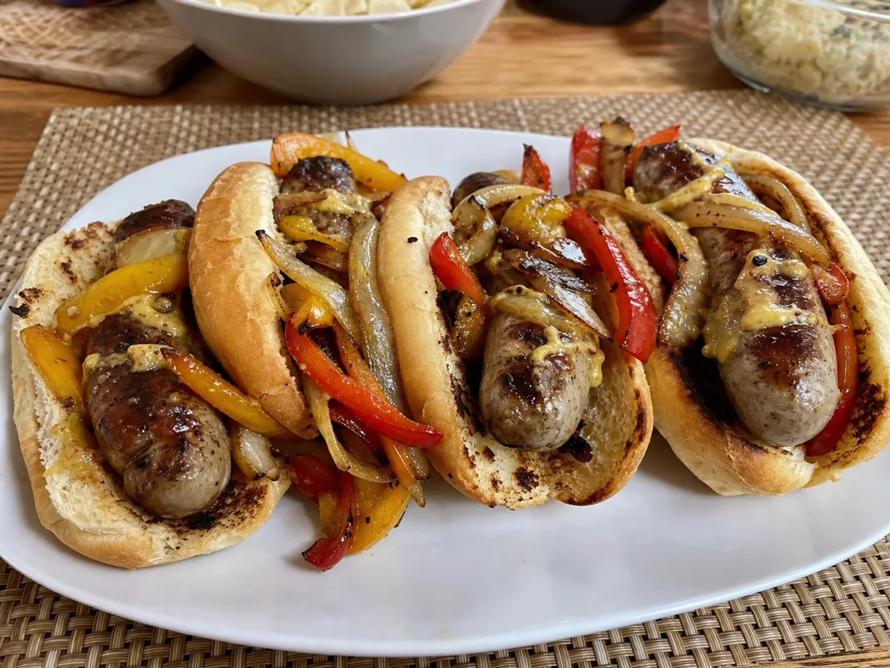 Grilled Bratwurst with Peppers and Onions — served