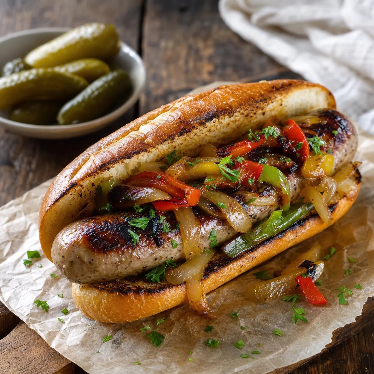 Grilled Bratwurst with Peppers and Onions — Bbq recipe