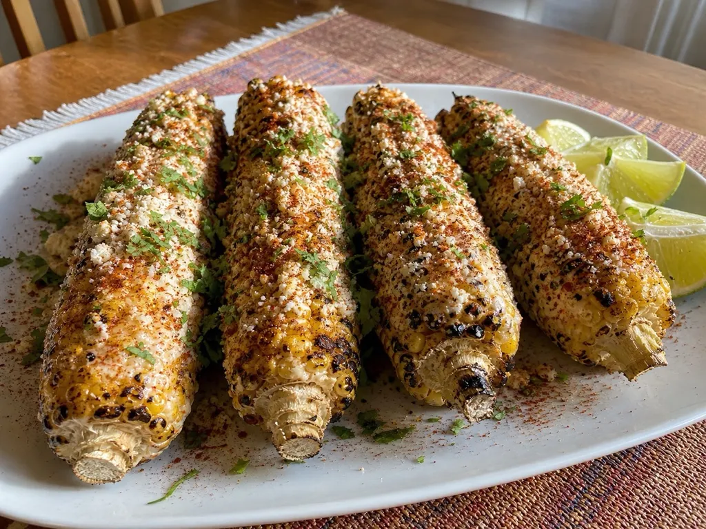Grilled Elote (Mexican Street Corn) — plated and served