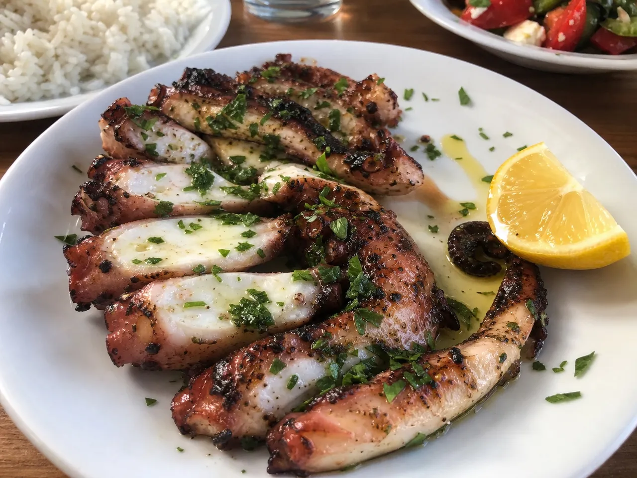 Grilled Octopus with Lemon and Olive Oil (Htapodi Sxaras) — served