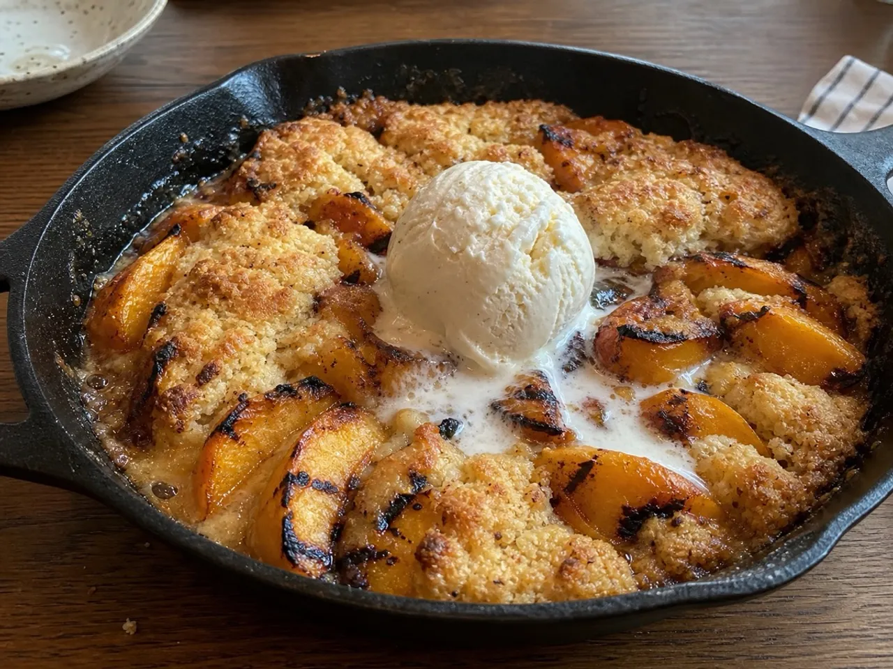 Grilled Peach Cobbler — served