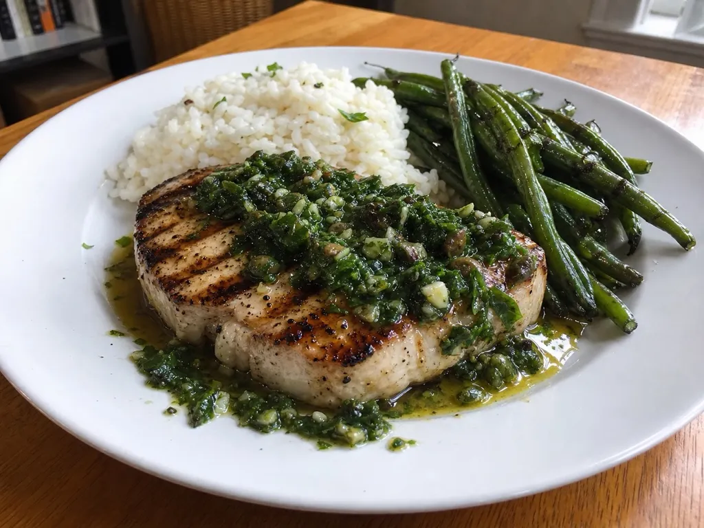 Grilled Swordfish with Herb Salsa Verde — plated and served