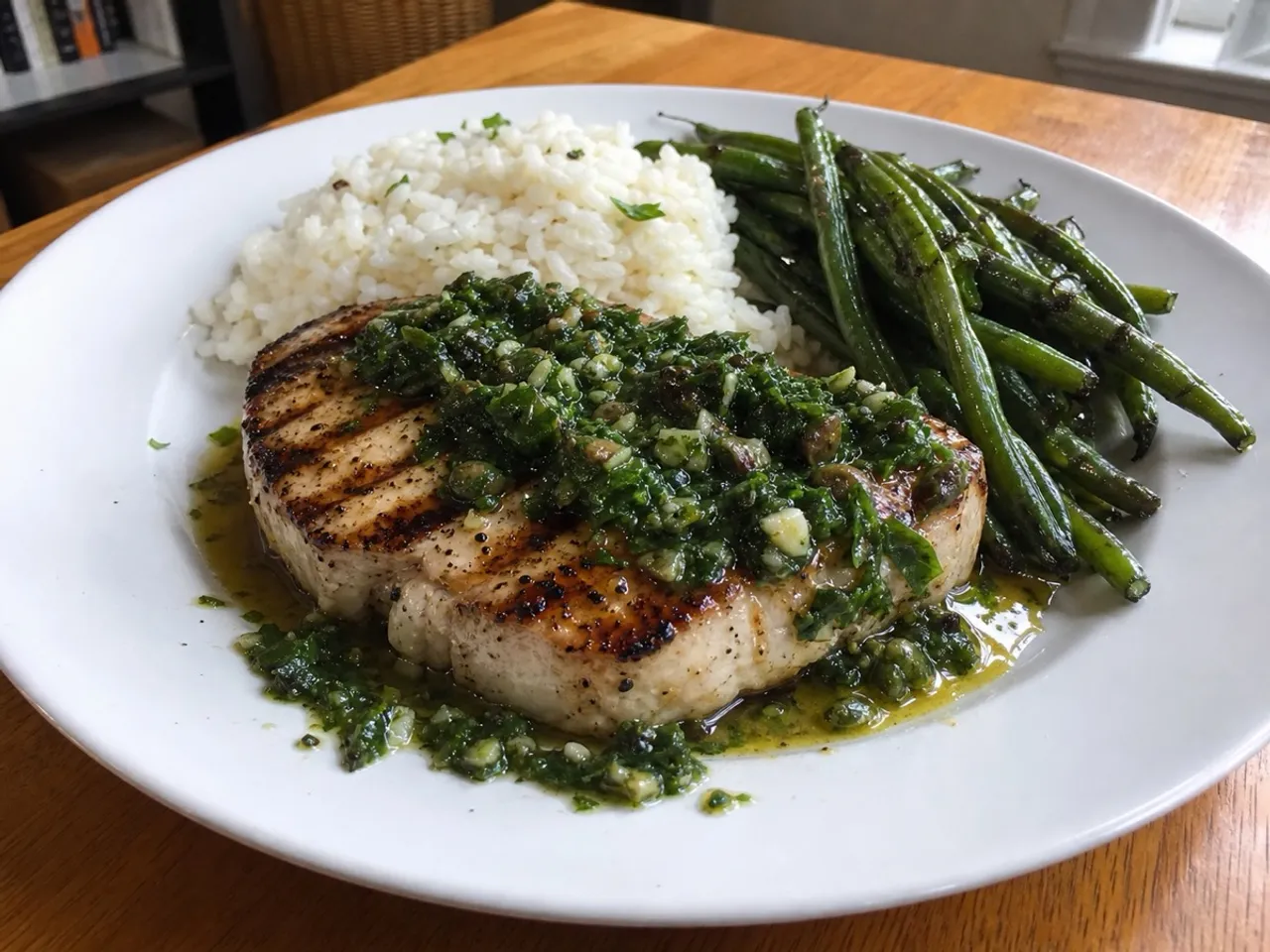 Grilled Swordfish with Herb Salsa Verde — served
