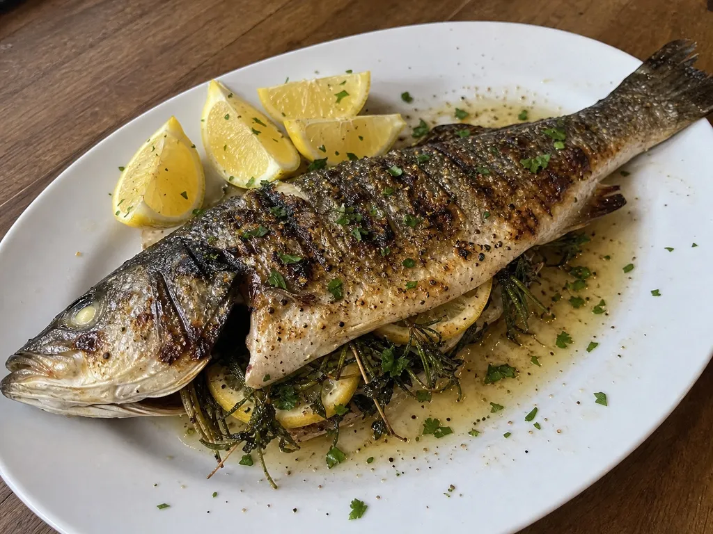 Grilled Whole Branzino — plated and served