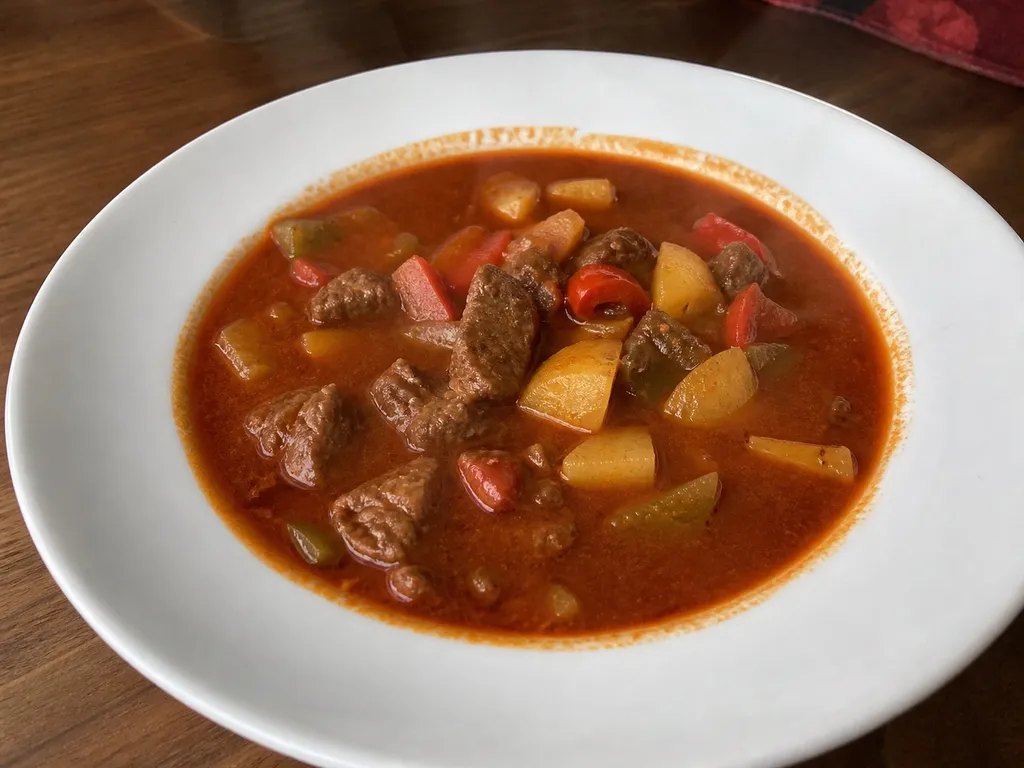 Gulaschsuppe (German Goulash Soup) — plated and served