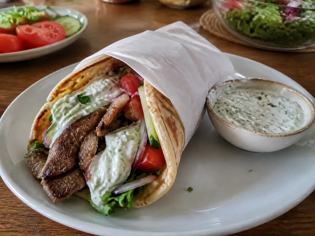 Gyro Wraps with Tzatziki — plated and served