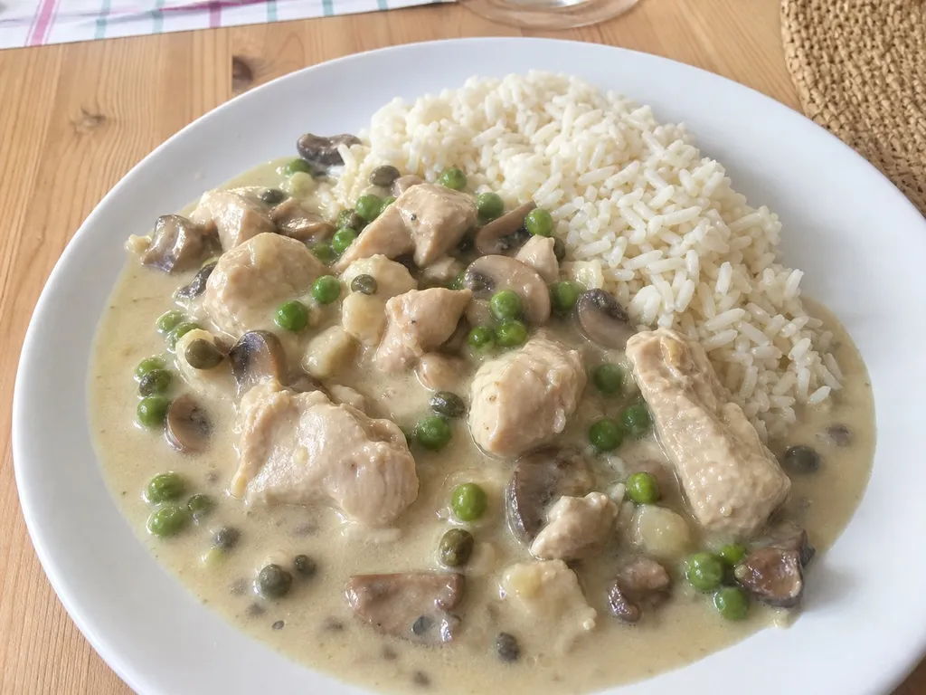 Hühnerfrikassee (German Chicken Fricassee) — plated and served