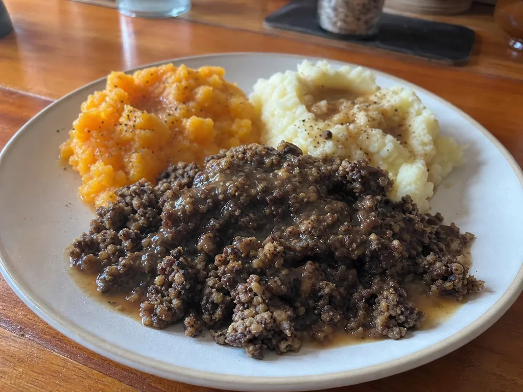 Haggis, Neeps and Tatties — plated and served
