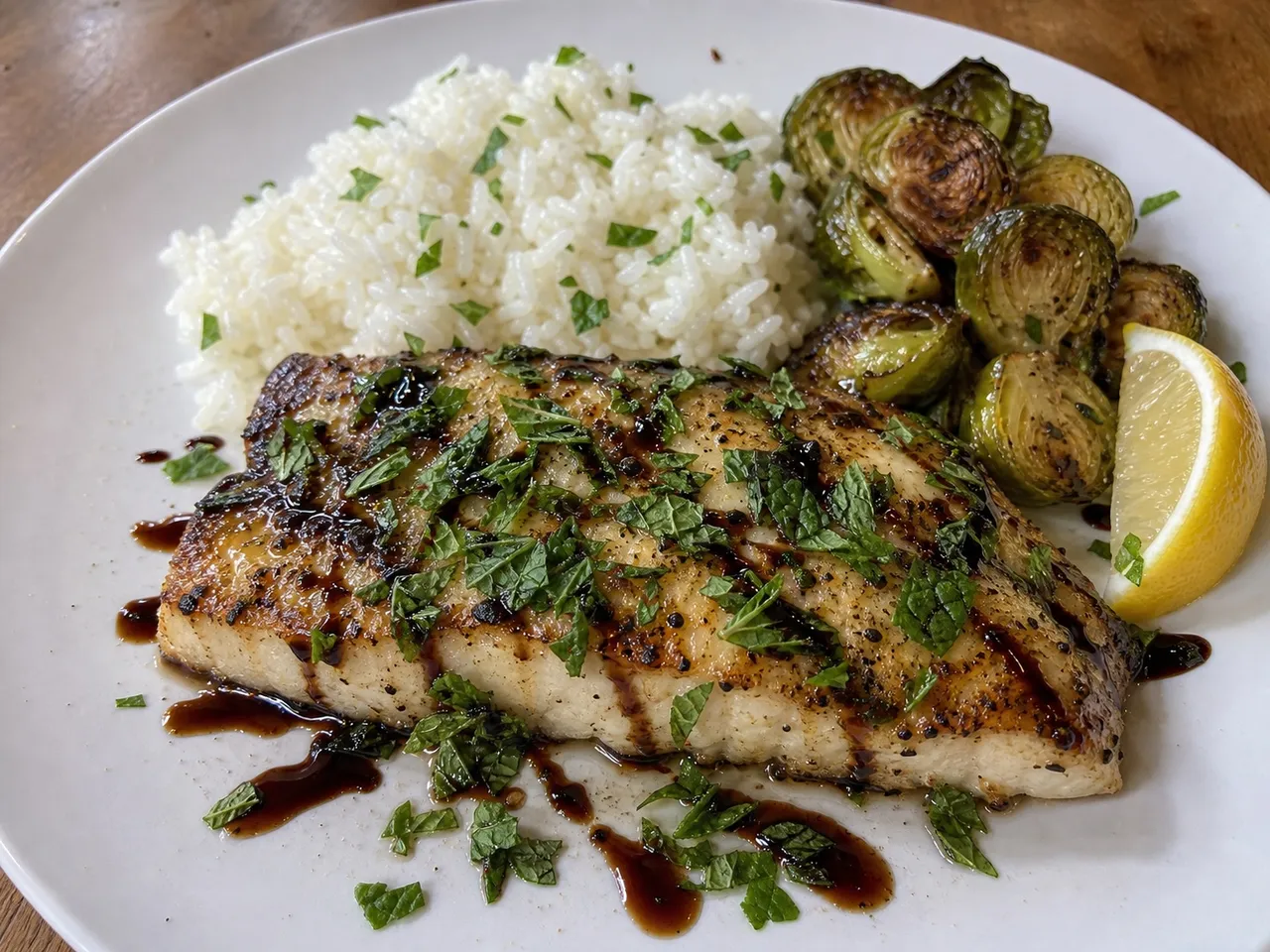 Halibut with Mint and Balsamic Vinegar — served