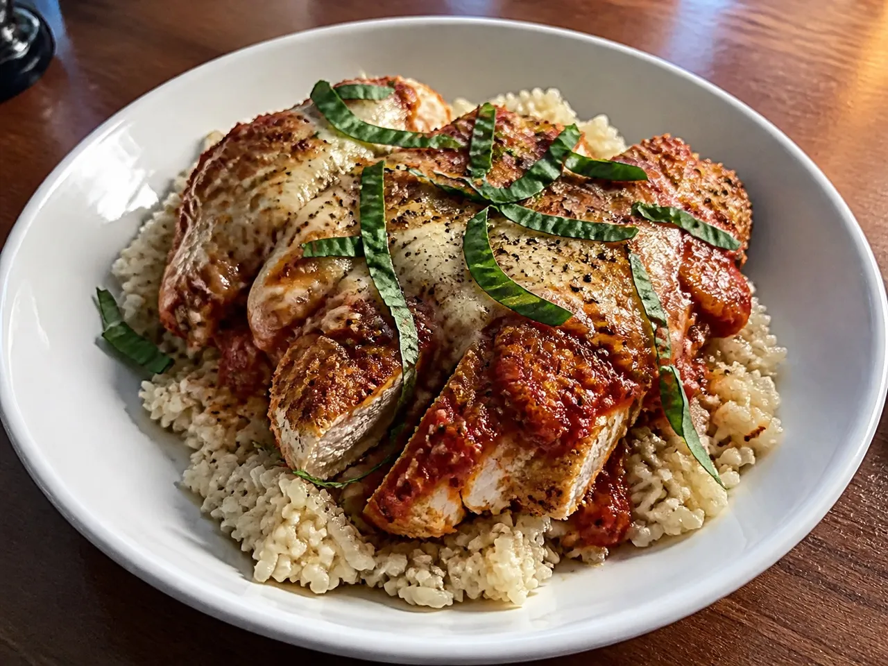 Healthy Baked Chicken Parmesan Bowls — served