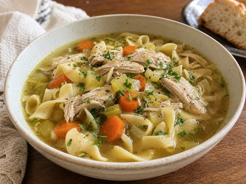 Homemade Chicken Noodle Soup — plated and served