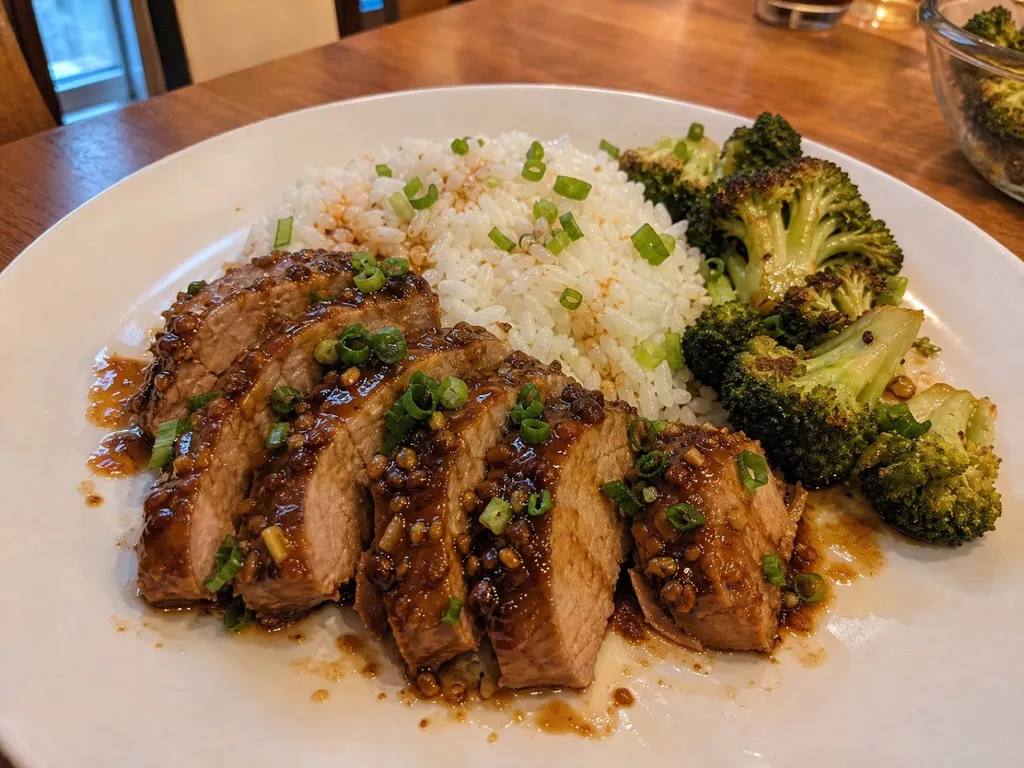 Honey Garlic Glazed Pork Tenderloin — plated and served