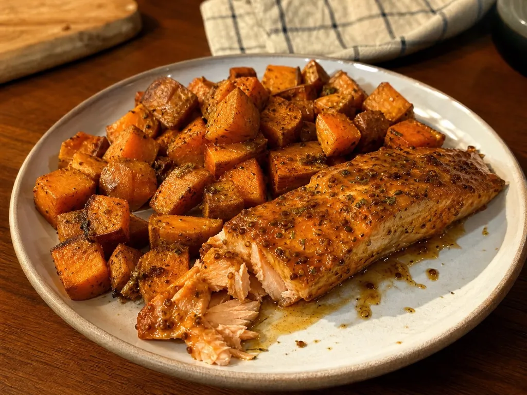 Honey-Mustard Glazed Salmon with Roasted Sweet Potatoes — plated and served