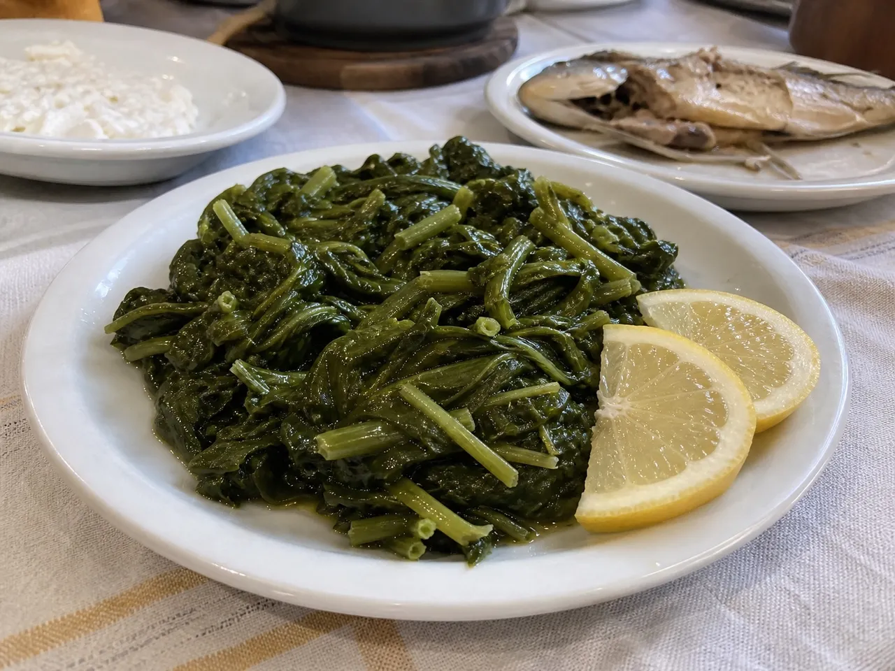 Horta Vrasta (Boiled Wild Greens with Lemon and Olive Oil) — served