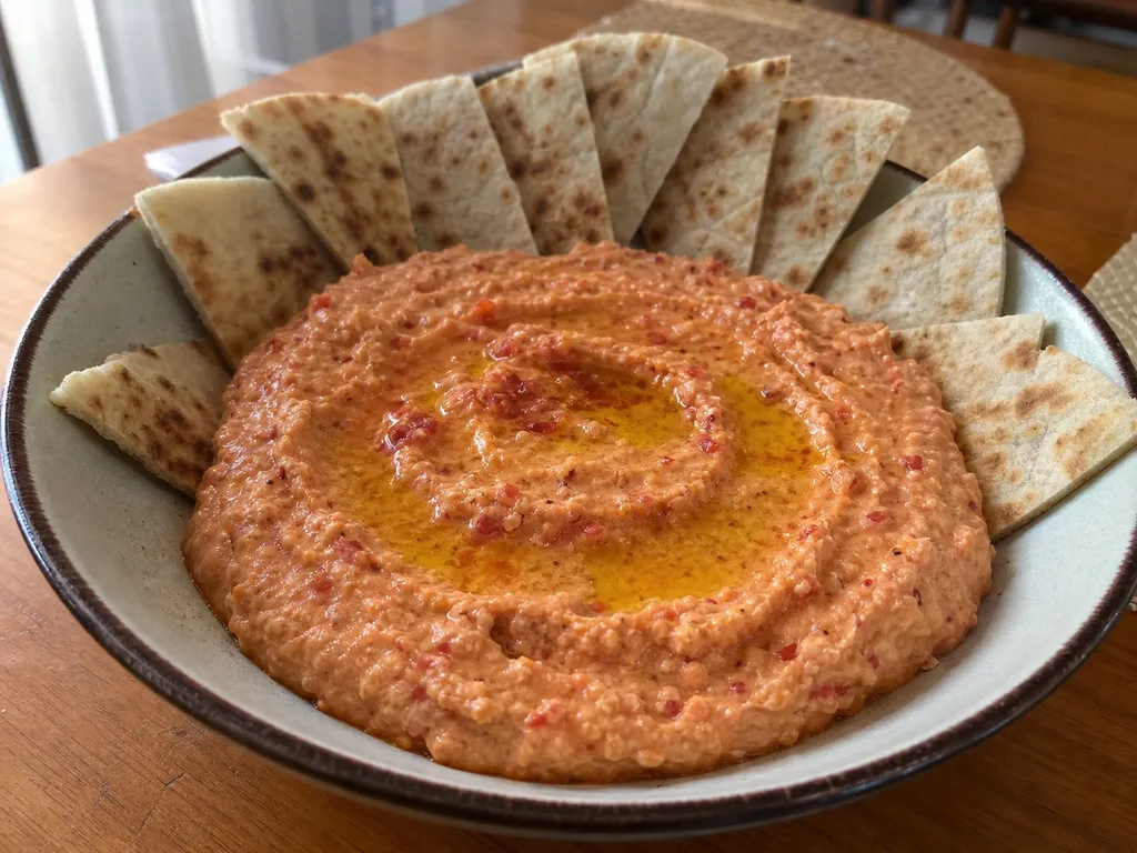 Htipiti (Whipped Feta and Roasted Red Pepper Dip) — plated and served
