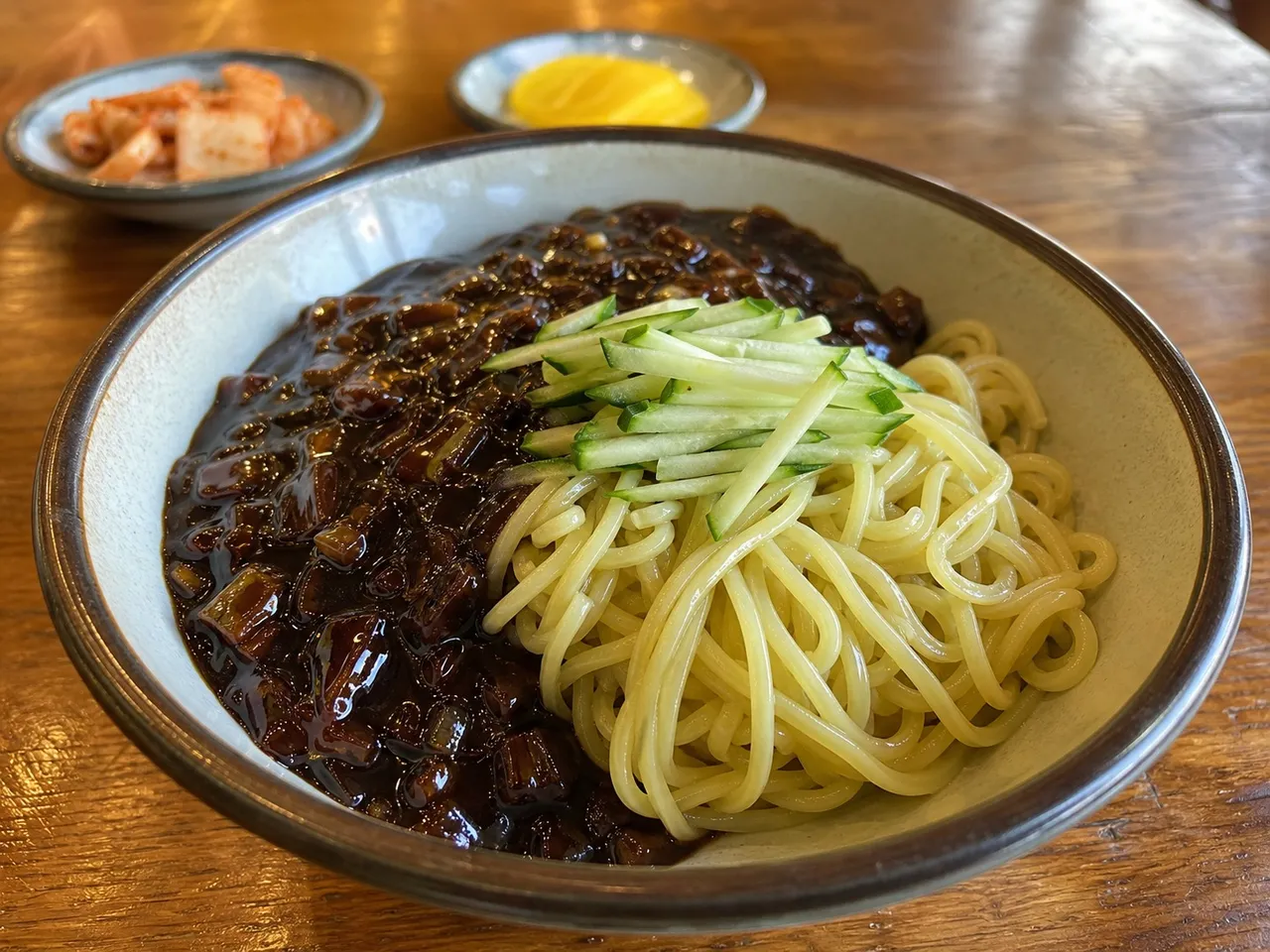 Jajangmyeon (Black Bean Noodles) — served