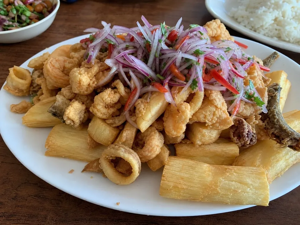 Jalea Mixta (Peruvian Fried Seafood Platter) — plated and served