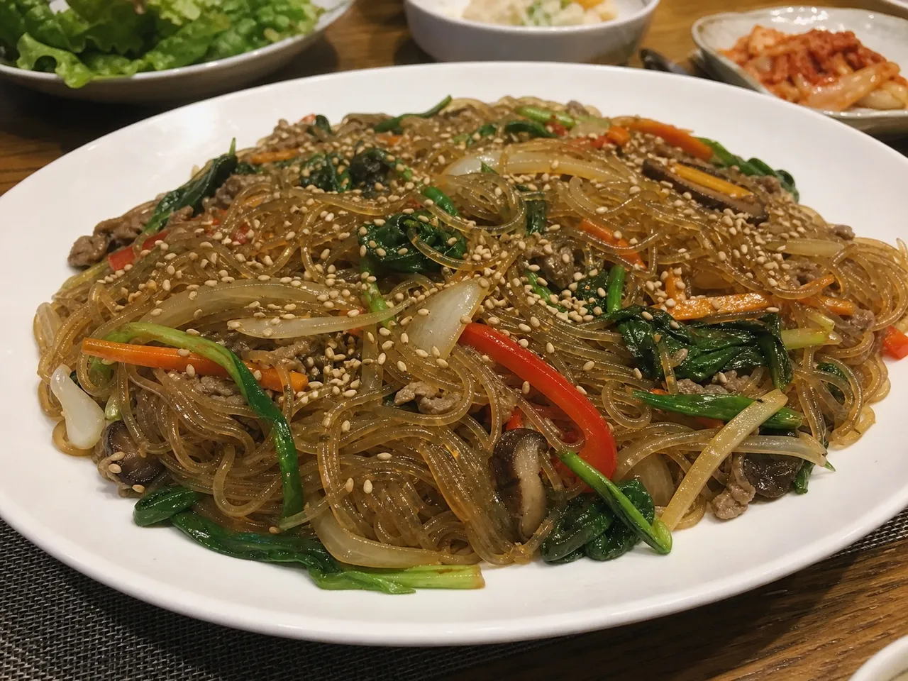 Japchae (Stir-Fried Glass Noodles) — served