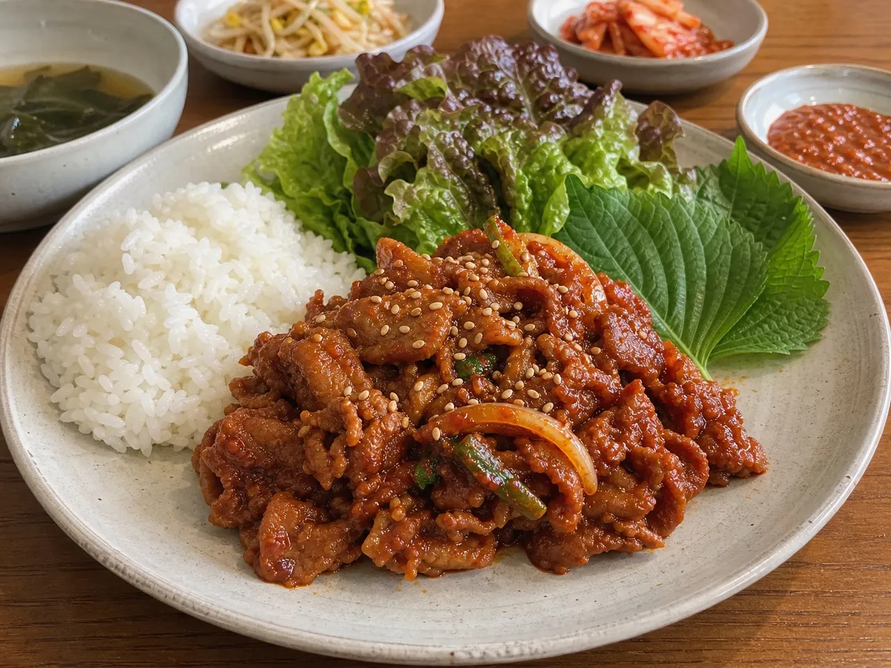 Jeyuk Bokkeum (Spicy Pork Bulgogi) — served