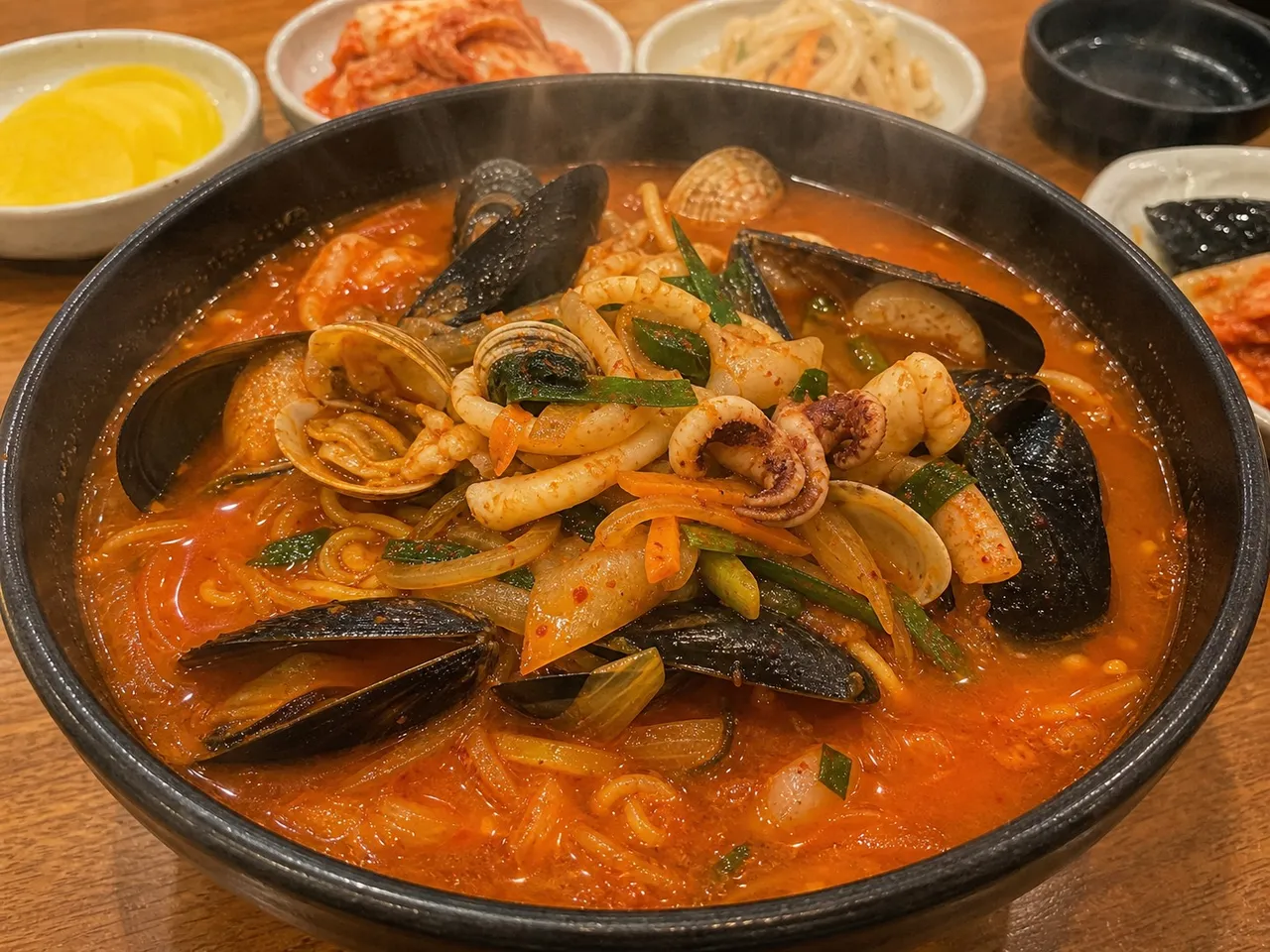 Jjamppong (Spicy Seafood Noodle Soup) — served