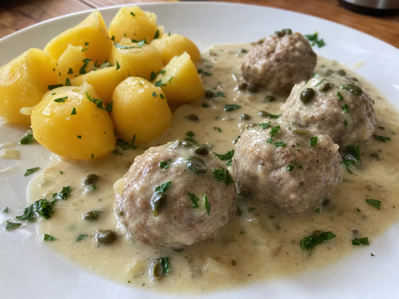 Königsberger Klopse (Meatballs in Creamy Caper Sauce) — served