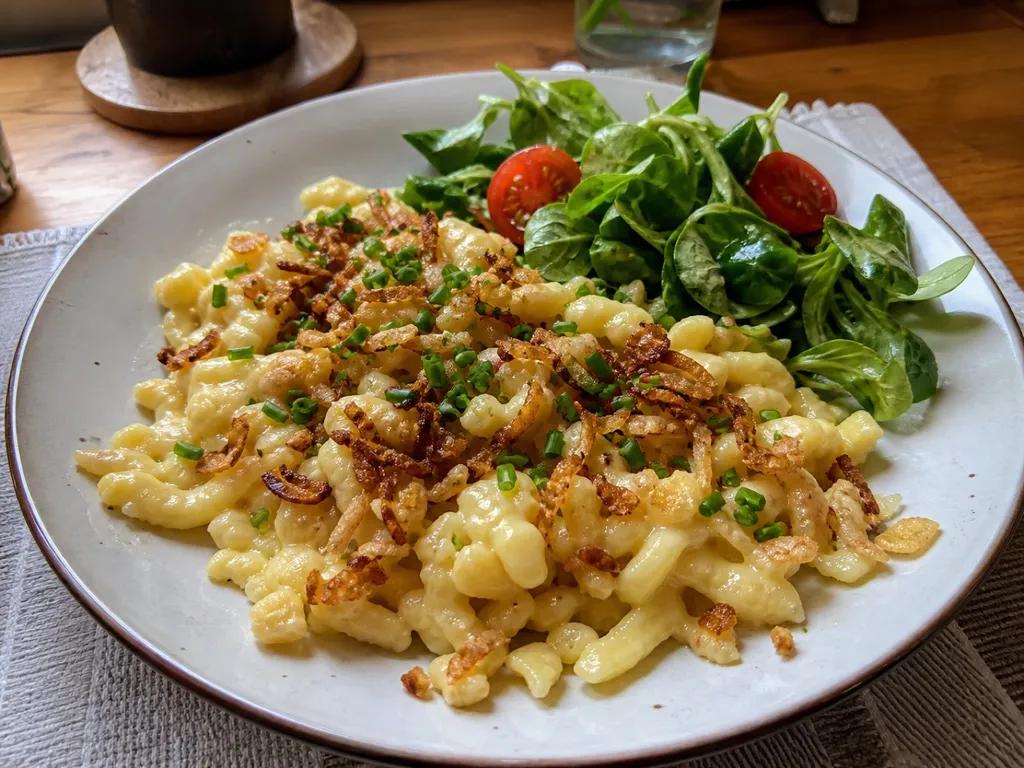 Käsespätzle (German Cheese Noodles) — plated and served