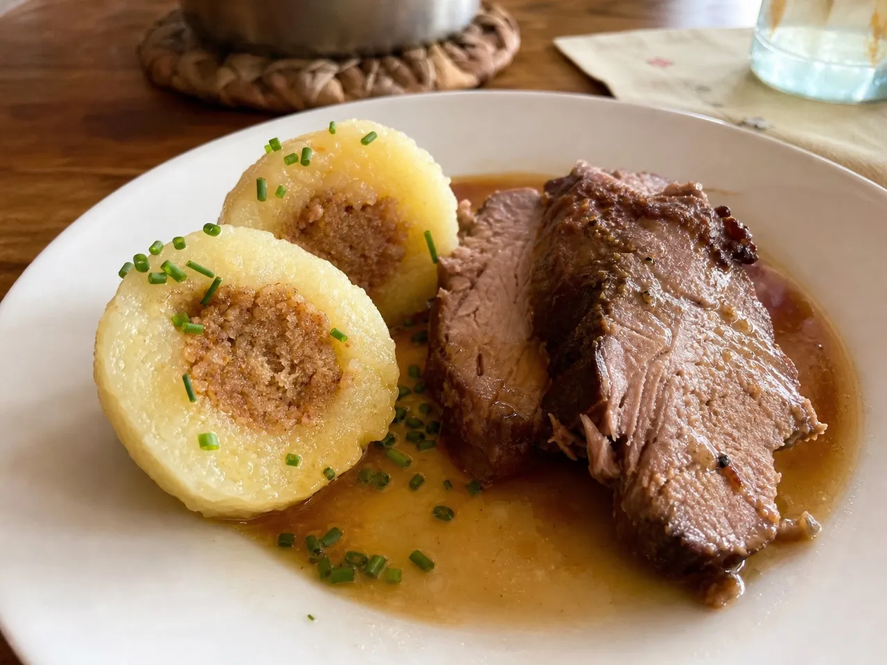 Kartoffelknödel (Bavarian Potato Dumplings) — served