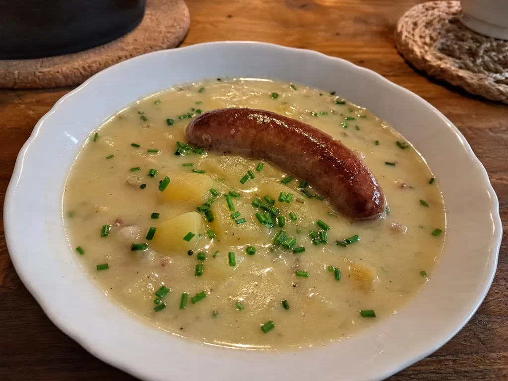Kartoffelsuppe (Creamy German Potato Soup) — plated and served