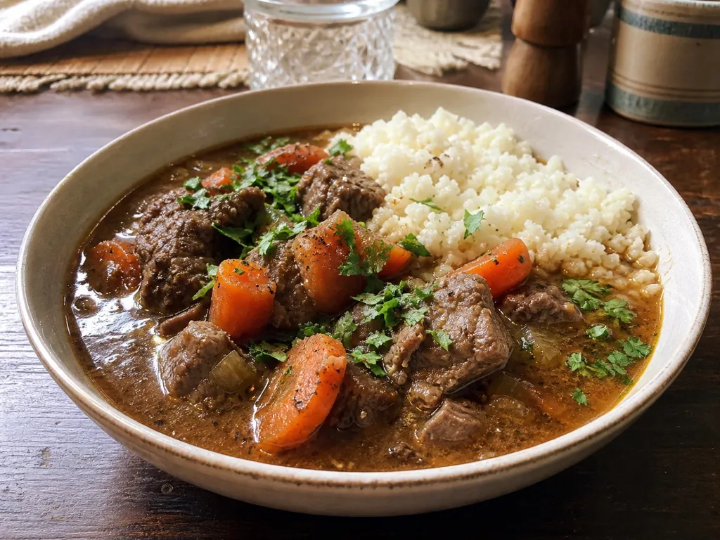Keto Beef Stew — plated and served