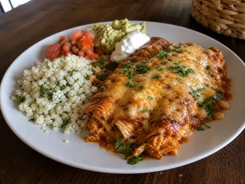 Keto Chicken Enchiladas — plated and served