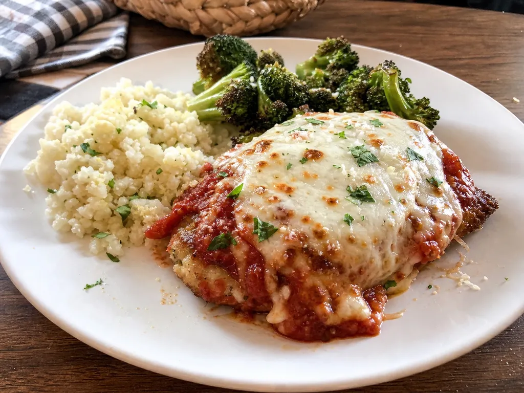Keto Chicken Parmesan — plated and served