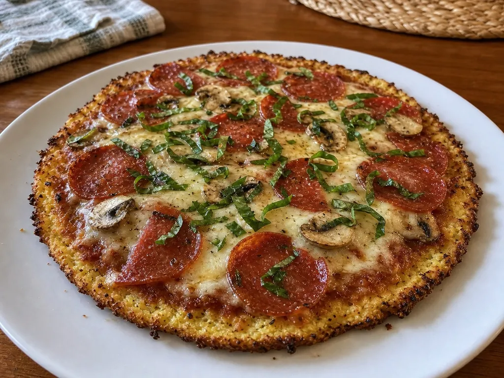 Keto Pizza with Cauliflower Crust — plated and served