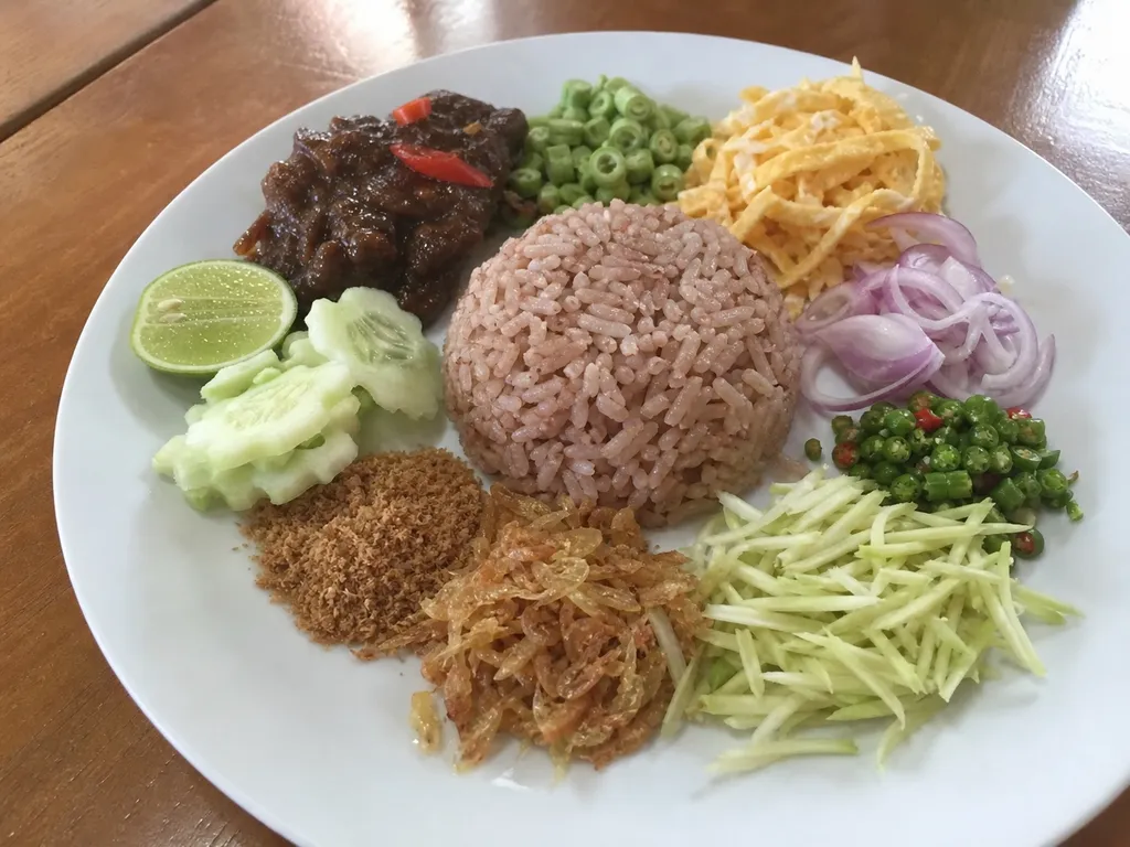 Khao Kluk Kapi — plated and served